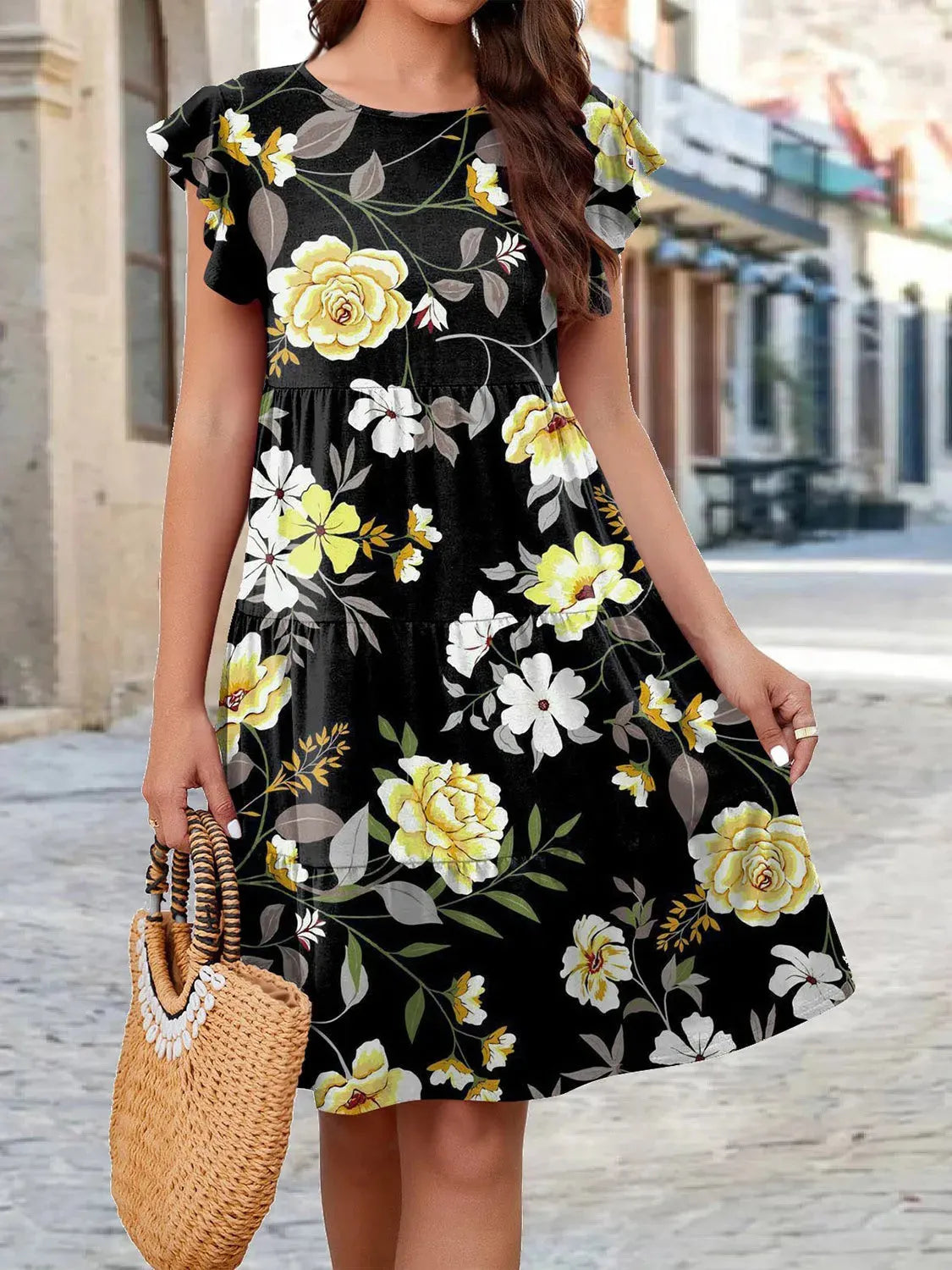 Printed Round Neck Tiered Dress Chartreuse Casual Dresses - Tophatter Daily Deals