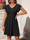 Decorative Button Ruffled V-Neck Dress Casual Dresses - Tophatter Daily Deals