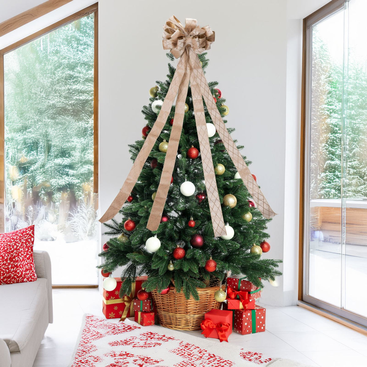 Champagne Gold Tree Top Bow with Long Streamer | Fabric Christmas Tree Topper Tree Decoration - Tophatter Daily Deals