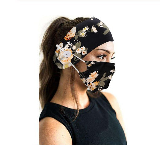 Button headband mask headscarf hair accessory 2-piece set Set Black Flowers 0 - Tophatter Daily Deals