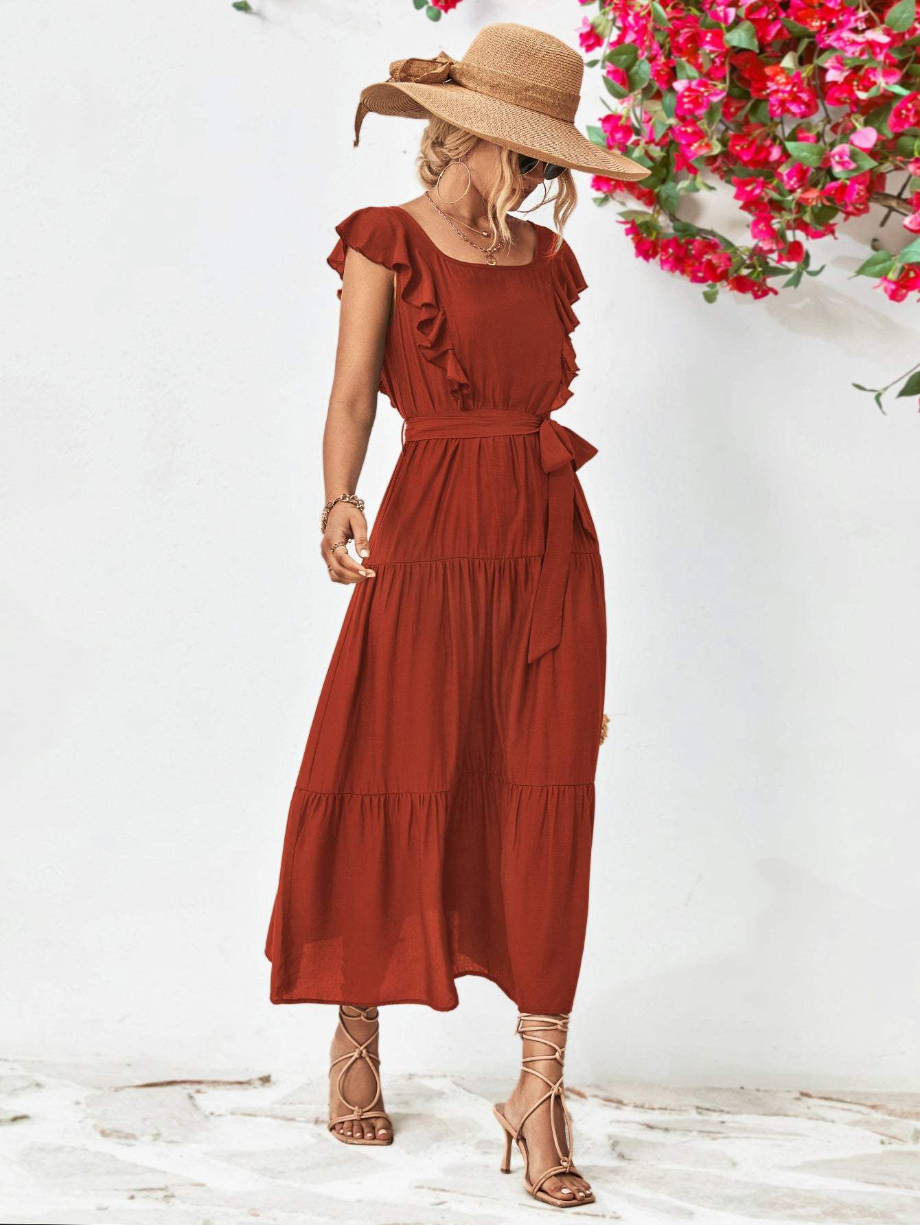 Tie Belt Ruffled Tiered Dress Casual Dresses - Tophatter Daily Deals