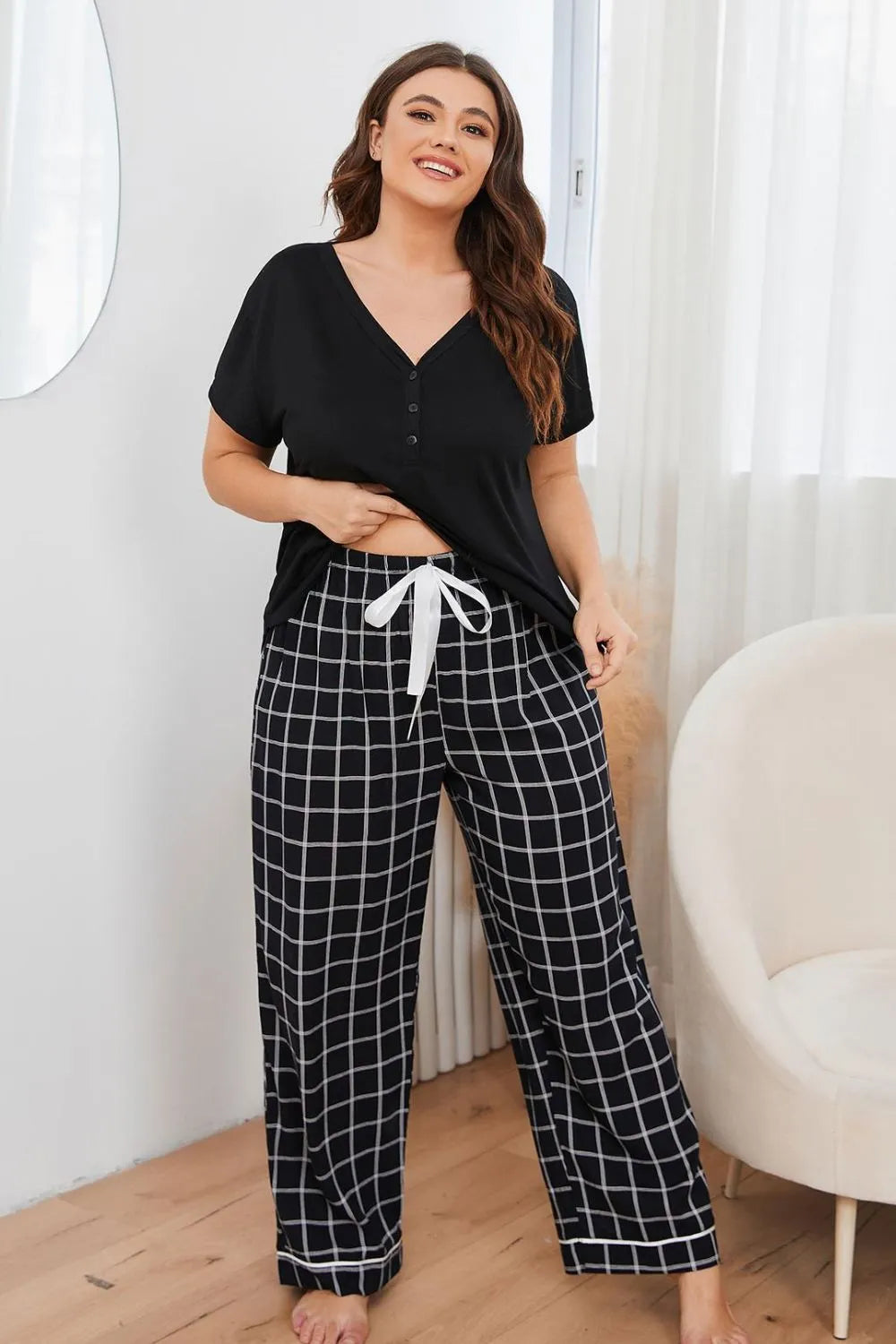 Plus Size V-Neck Top and Plaid Pants Lounge Set Loungewear Sets - Tophatter Daily Deals