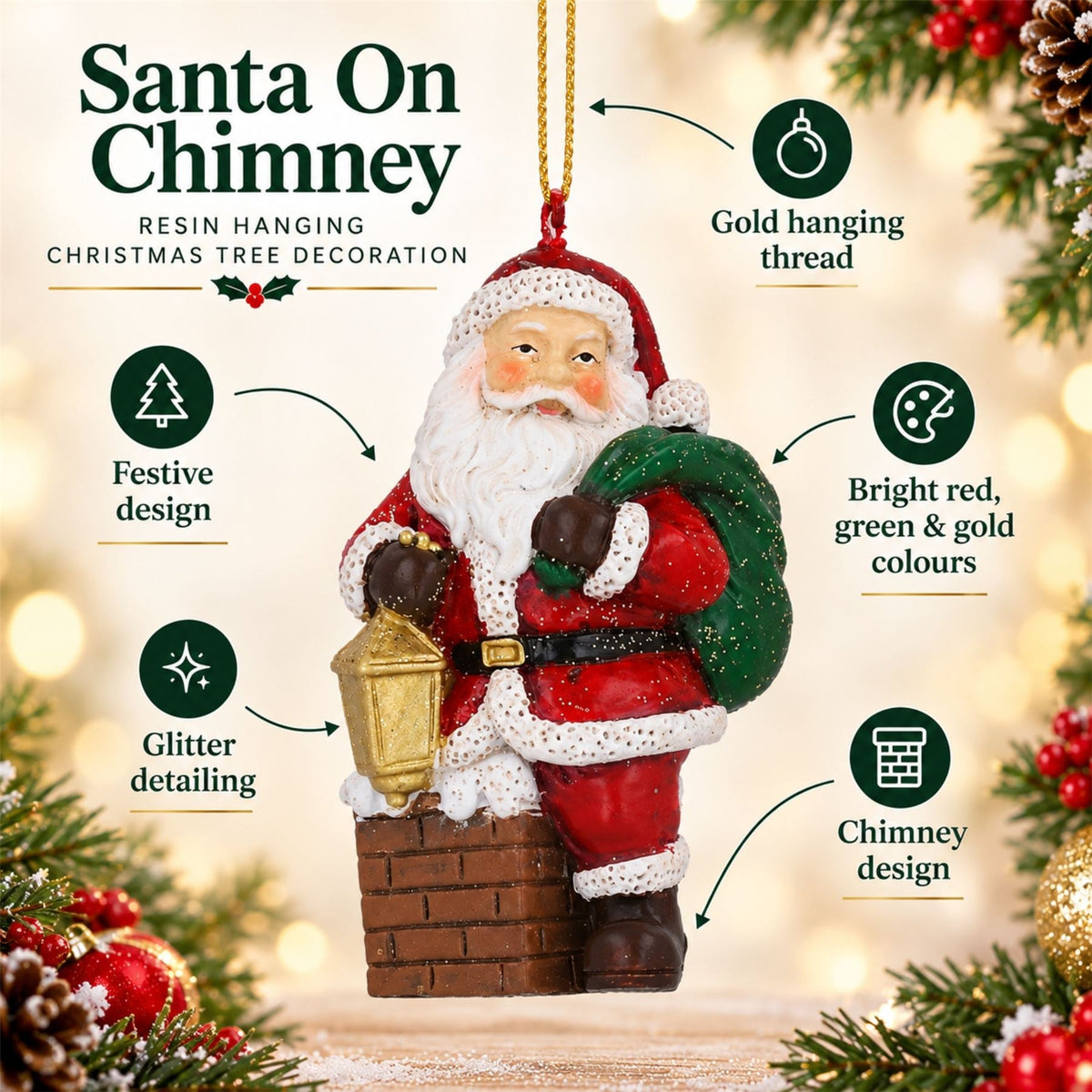 Santa On Chimney Resin Hanging Christmas Tree Decoration, Gisela Graham 8cm Tree Decoration - Tophatter Daily Deals