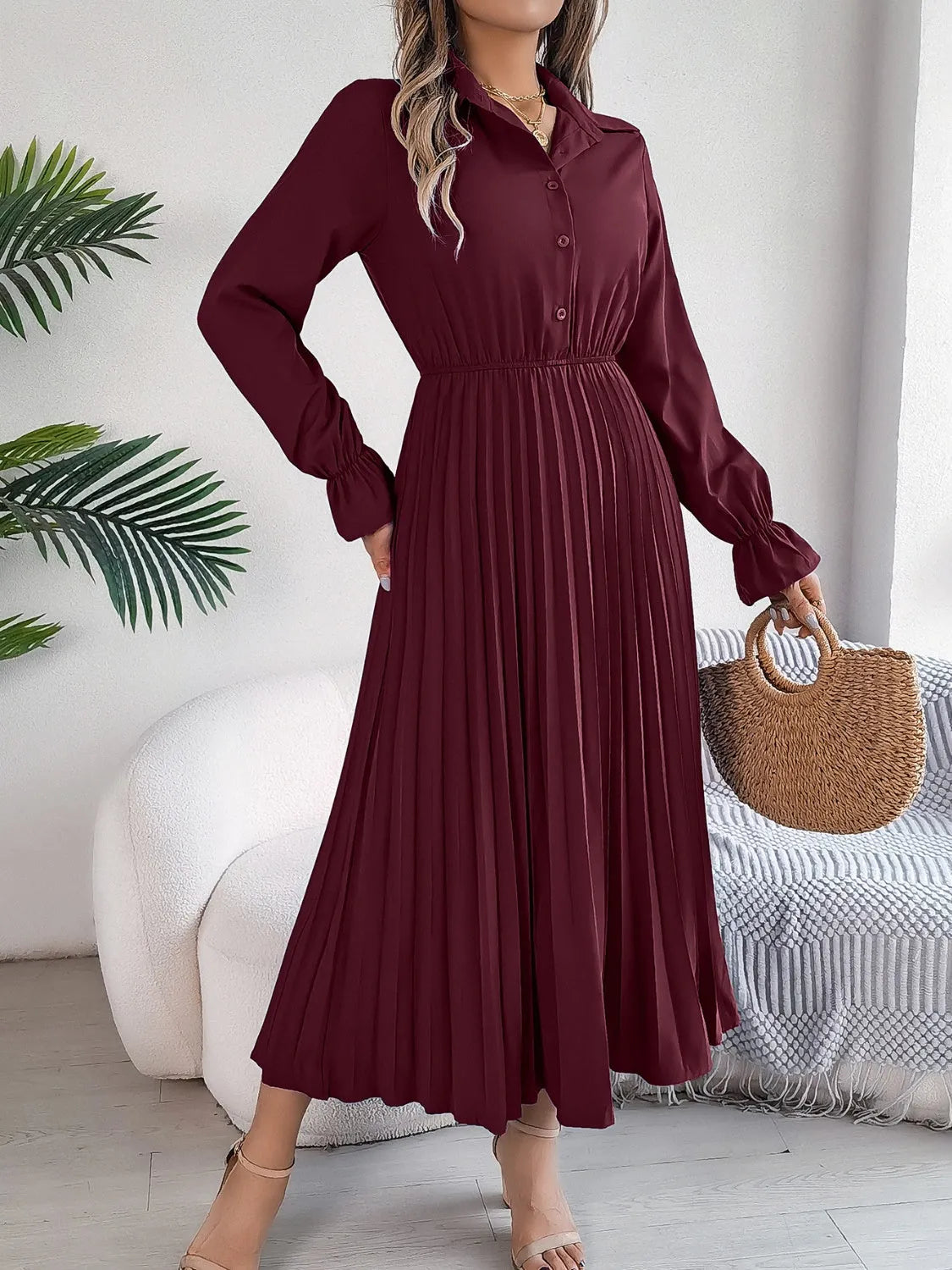 Pleated Half Button Long Sleeve Midi Dress Casual Dresses - Tophatter Daily Deals