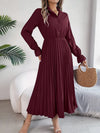 Pleated Half Button Long Sleeve Midi Dress Casual Dresses - Tophatter Daily Deals