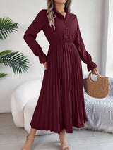 Pleated Half Button Long Sleeve Midi Dress Casual Dresses - Tophatter Daily Deals