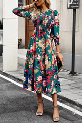Printed Smocked Lantern Sleeve Ruffled Dress Casual Dresses - Tophatter Daily Deals