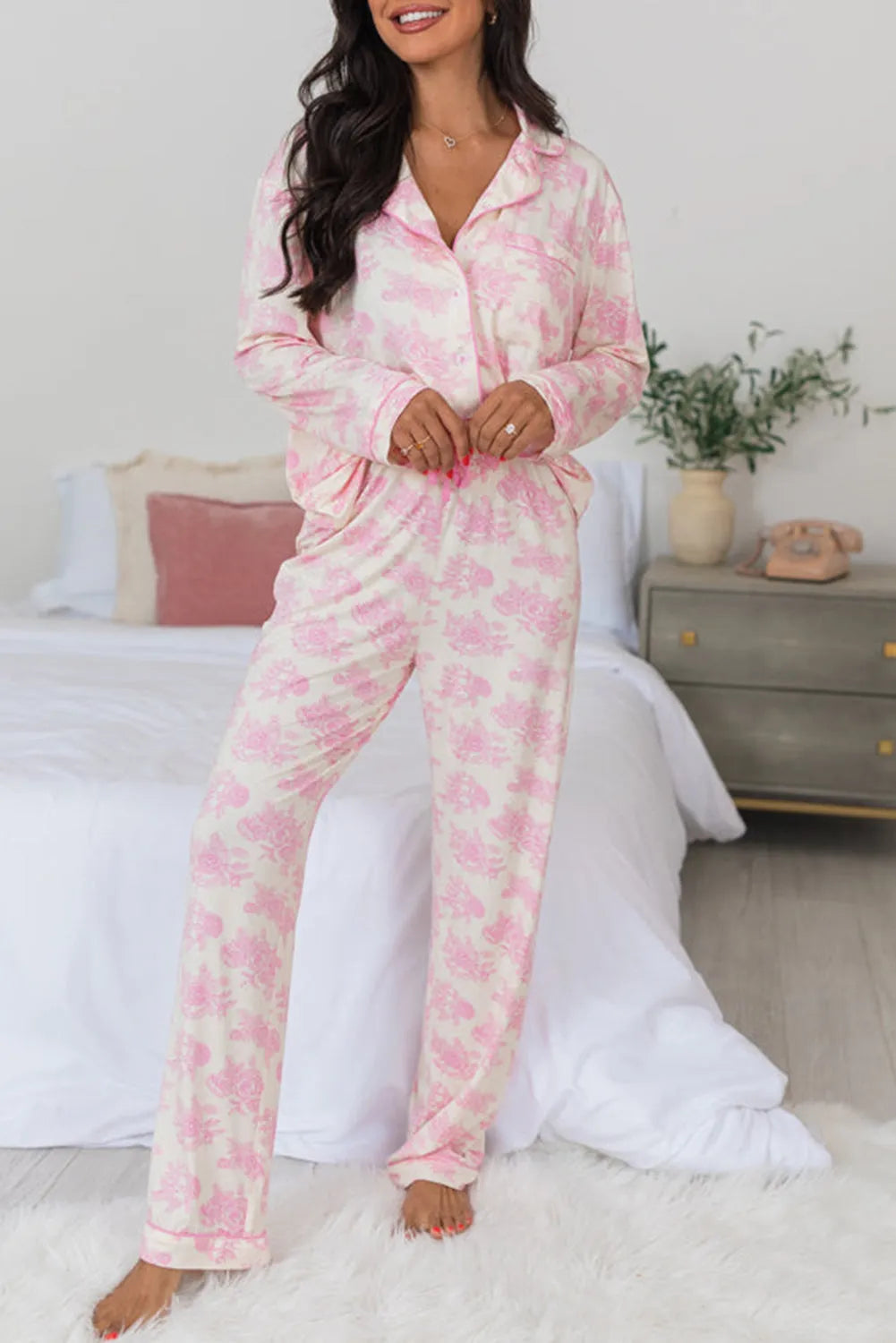 Pink Floral Long Sleeve and Pants Pajamas Set Pink 95%Polyester+5%Elastane Loungewear & Sleepwear/Sleepwear - Tophatter Daily Deals