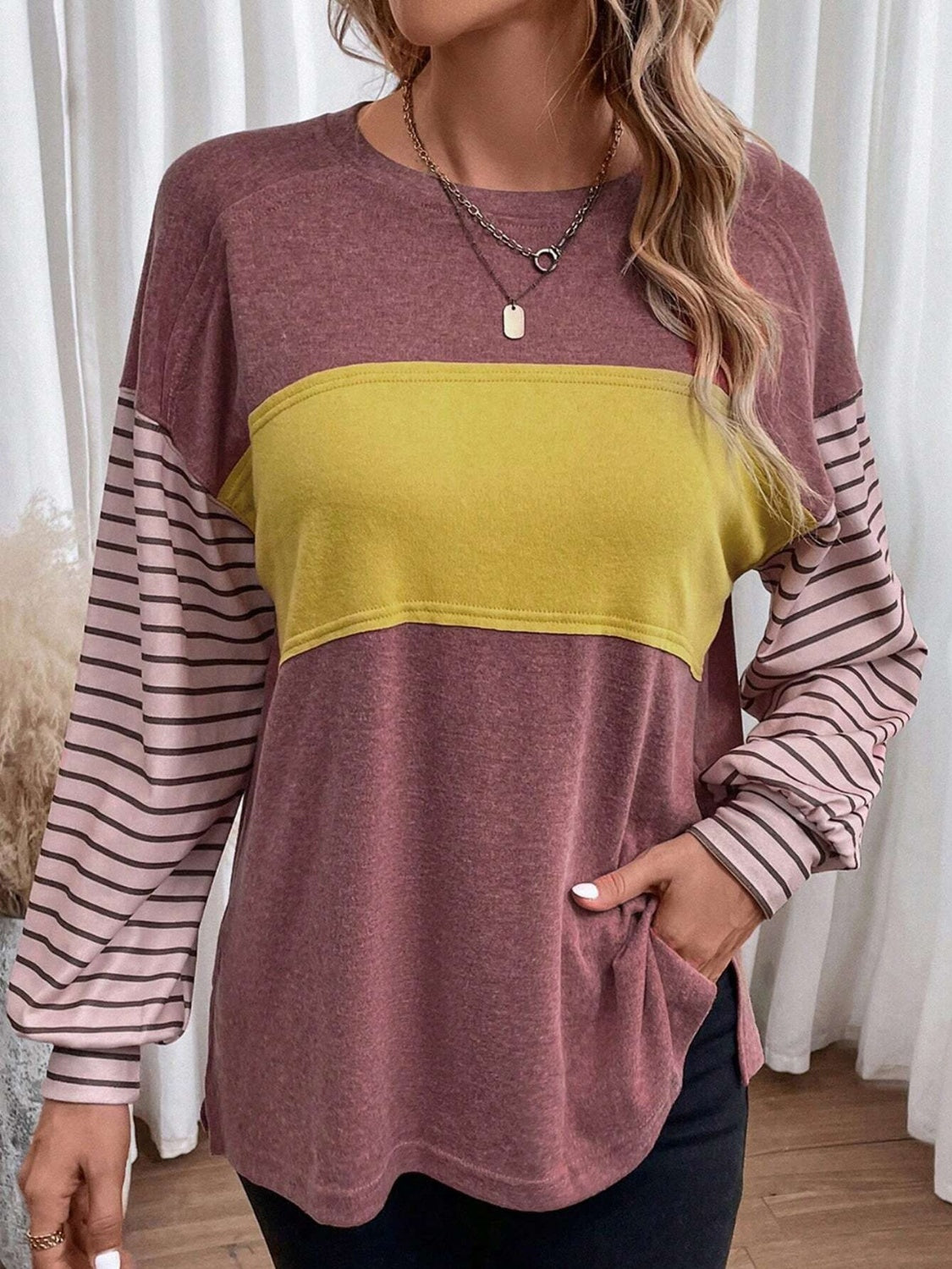 Round Neck Striped Long Sleeve Slit T-Shirt Light Mauve 2XL Women's T-Shirts - Tophatter Daily Deals