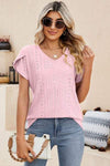 Eyelet V-Neck Petal Sleeve T-Shirt Blush Pink Women's T-Shirts - Tophatter Daily Deals