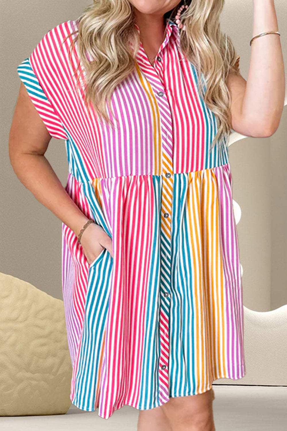 Striped Collared Neck Cap Sleeve Mini Dress Casual Dresses - Tophatter Daily Deals