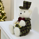 Sitting Christmas Bear Decoration | Fluffy Bear in Tartan Uniform with Drum Ornament - Tophatter Daily Deals