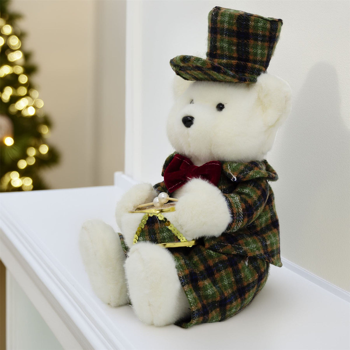 Sitting Christmas Bear Decoration | Fluffy Bear in Tartan Uniform with Drum Ornament - Tophatter Daily Deals