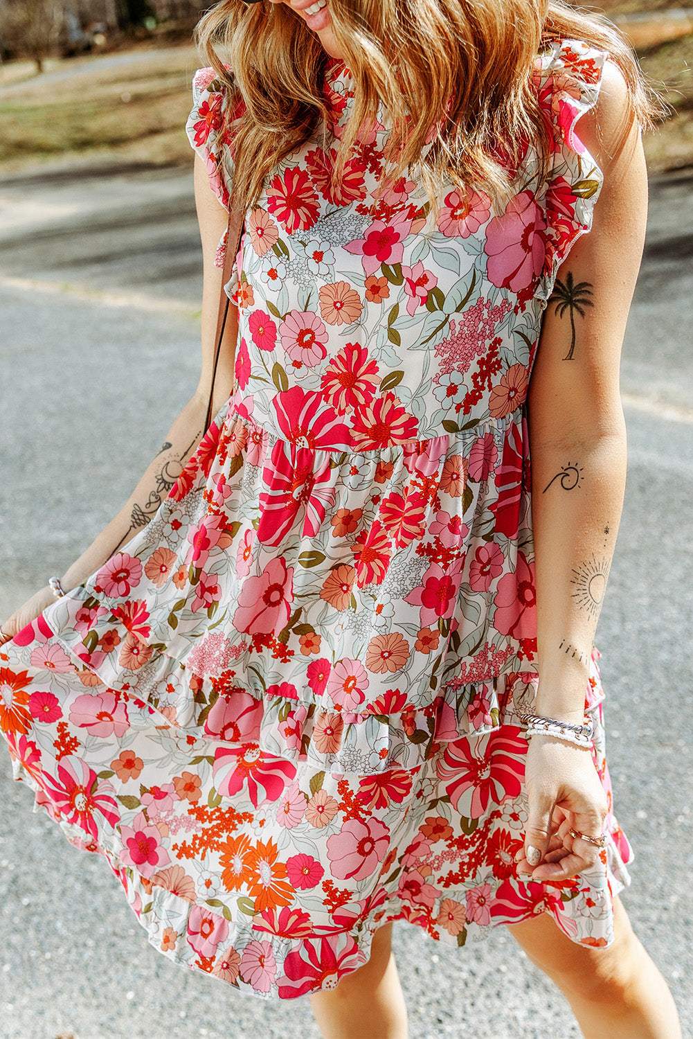 Ruffled Printed Mock Neck Dress Floral Casual Dresses - Tophatter Daily Deals