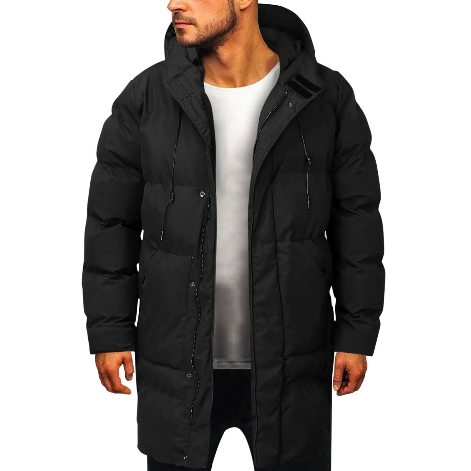 Warm Mens Long Puffer Coat - Hooded Insulated, Winter Black 3D Changing Face Moving Picture Frame - Tophatter Daily Deals