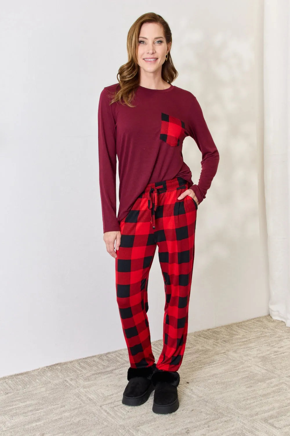 Zenana Full Size Plaid Round Neck Top and Pants Pajama Set Loungewear Sets - Tophatter Daily Deals