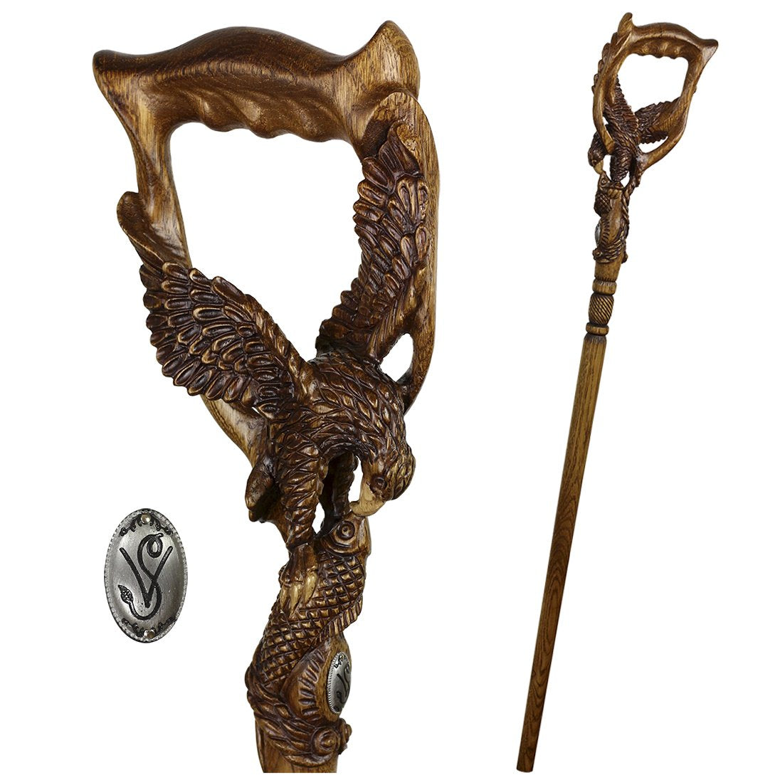 Hunting Eagle and Fish: Artisan Intricate Detail Handcarved Cane Dark Wood Animal Handled Canes - Tophatter Daily Deals