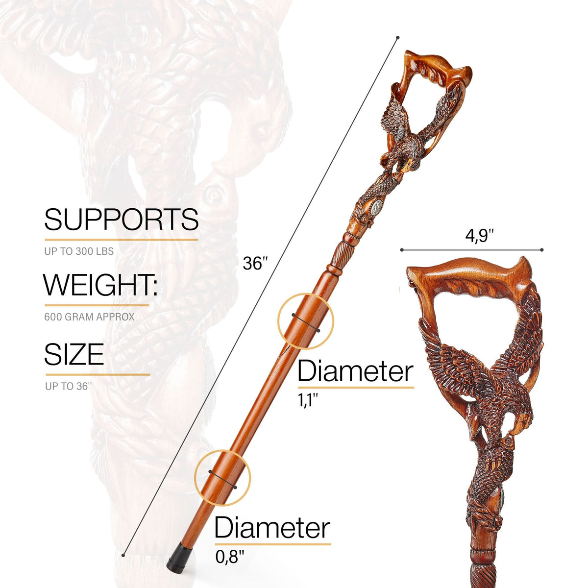 Hunting Eagle and Fish: Artisan Intricate Detail Handcarved Cane Animal Handled Canes - Tophatter Daily Deals