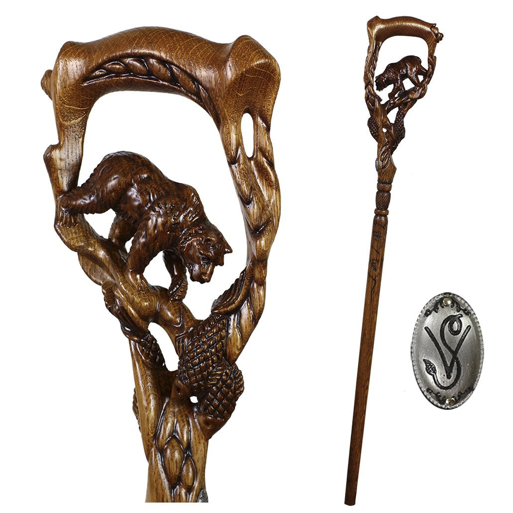 Artisan Grizzly & Salmon Hand-Carved Cane - Intricate Dark Wood Hand Carved Artisan - Tophatter Daily Deals