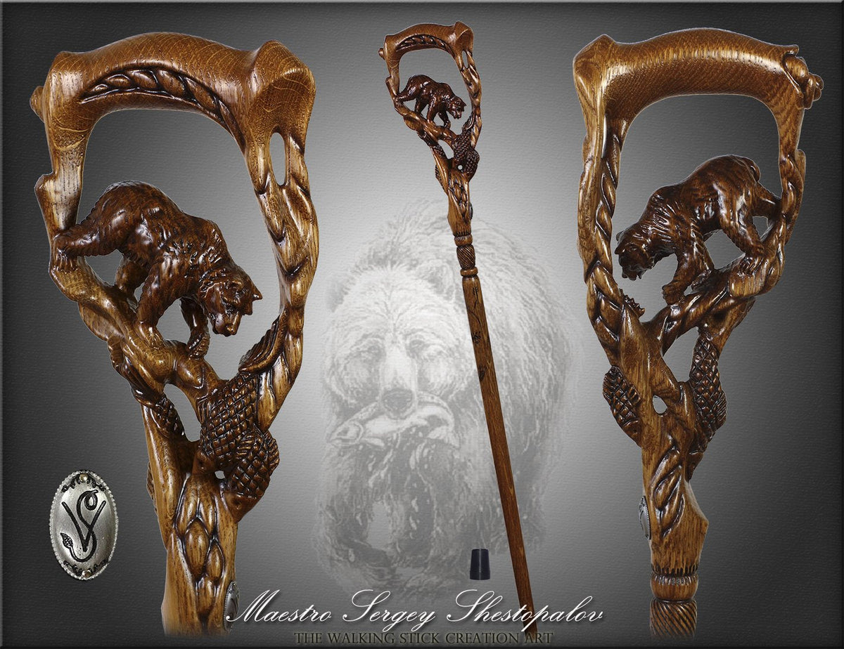 Artisan Grizzly & Salmon Hand-Carved Cane - Intricate Hand Carved Artisan - Tophatter Daily Deals