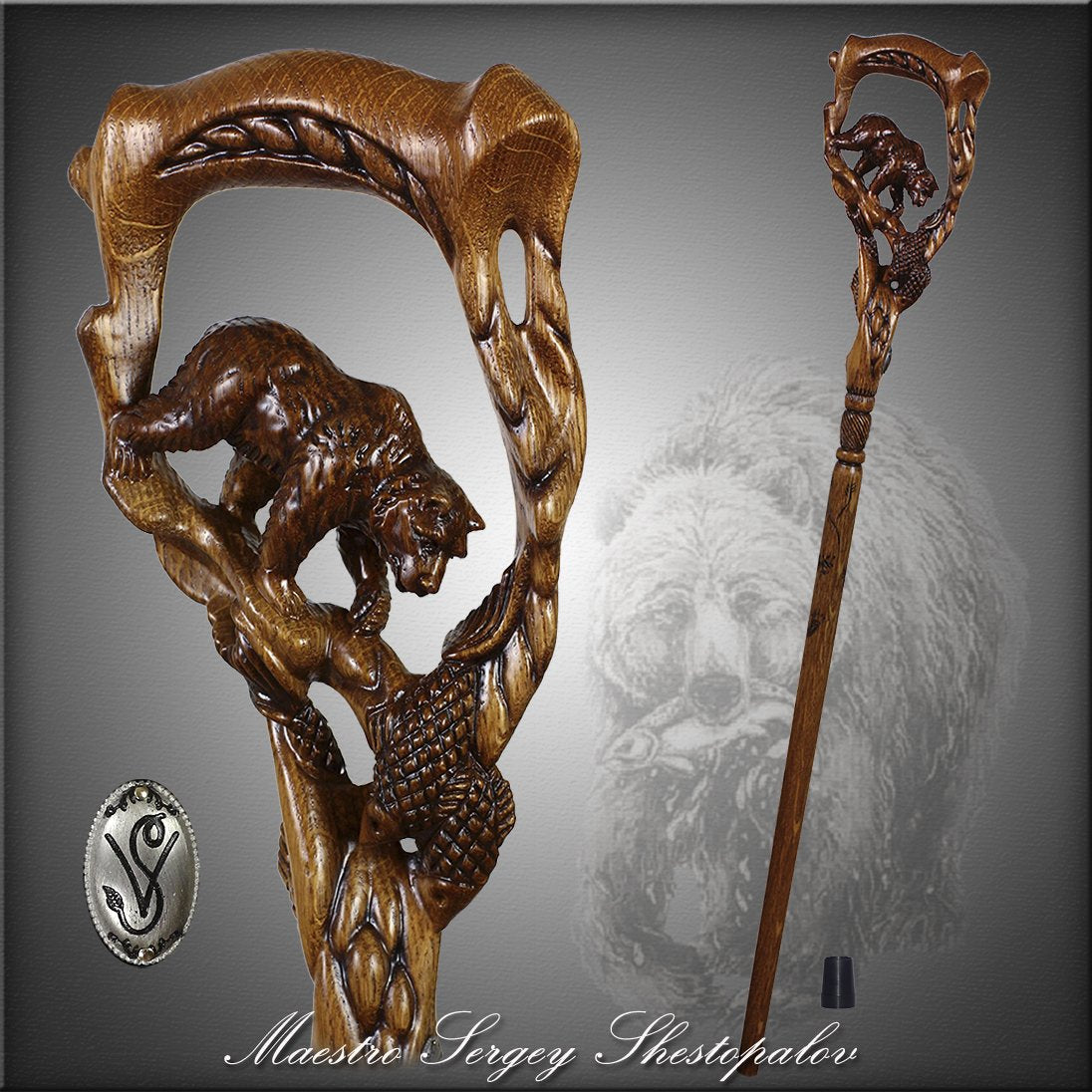 Artisan Grizzly & Salmon Hand-Carved Cane - Intricate Hand Carved Artisan - Tophatter Daily Deals