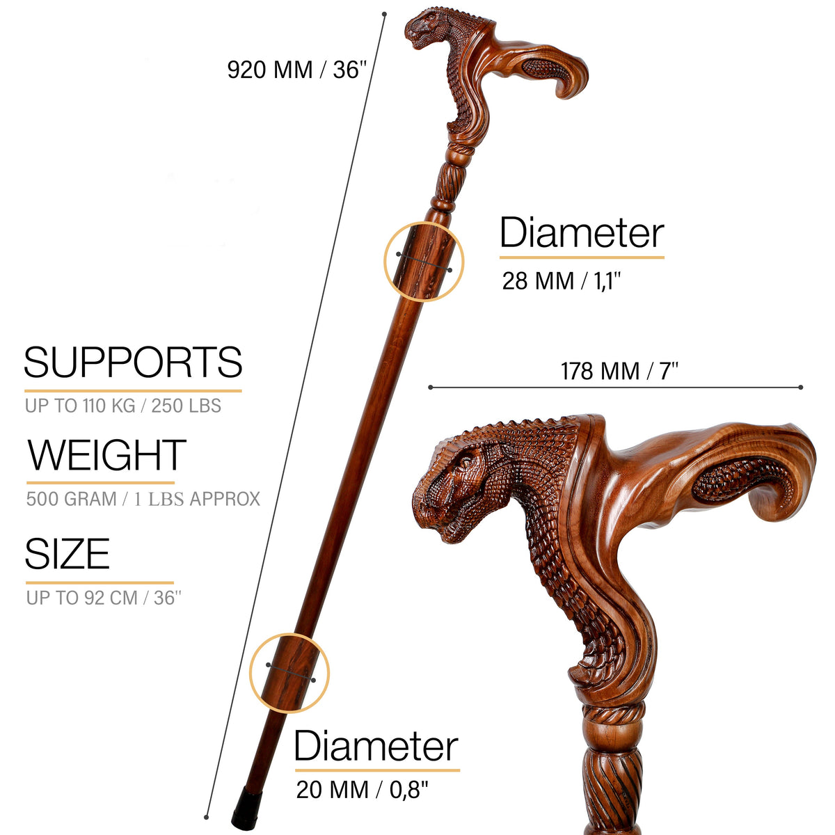 T-Rex Dinosaur: Intricate Hand-Carved, Ergonomic Grip Cane Right Hand Hand Carved Artisan - Tophatter Daily Deals
