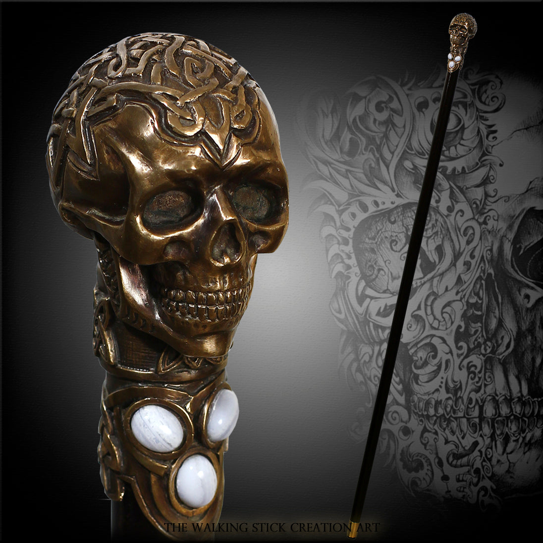 Skull Casted Bronze with Gems: Artisan Intricate Walking Cane Hand Carved Artisan - Tophatter Daily Deals
