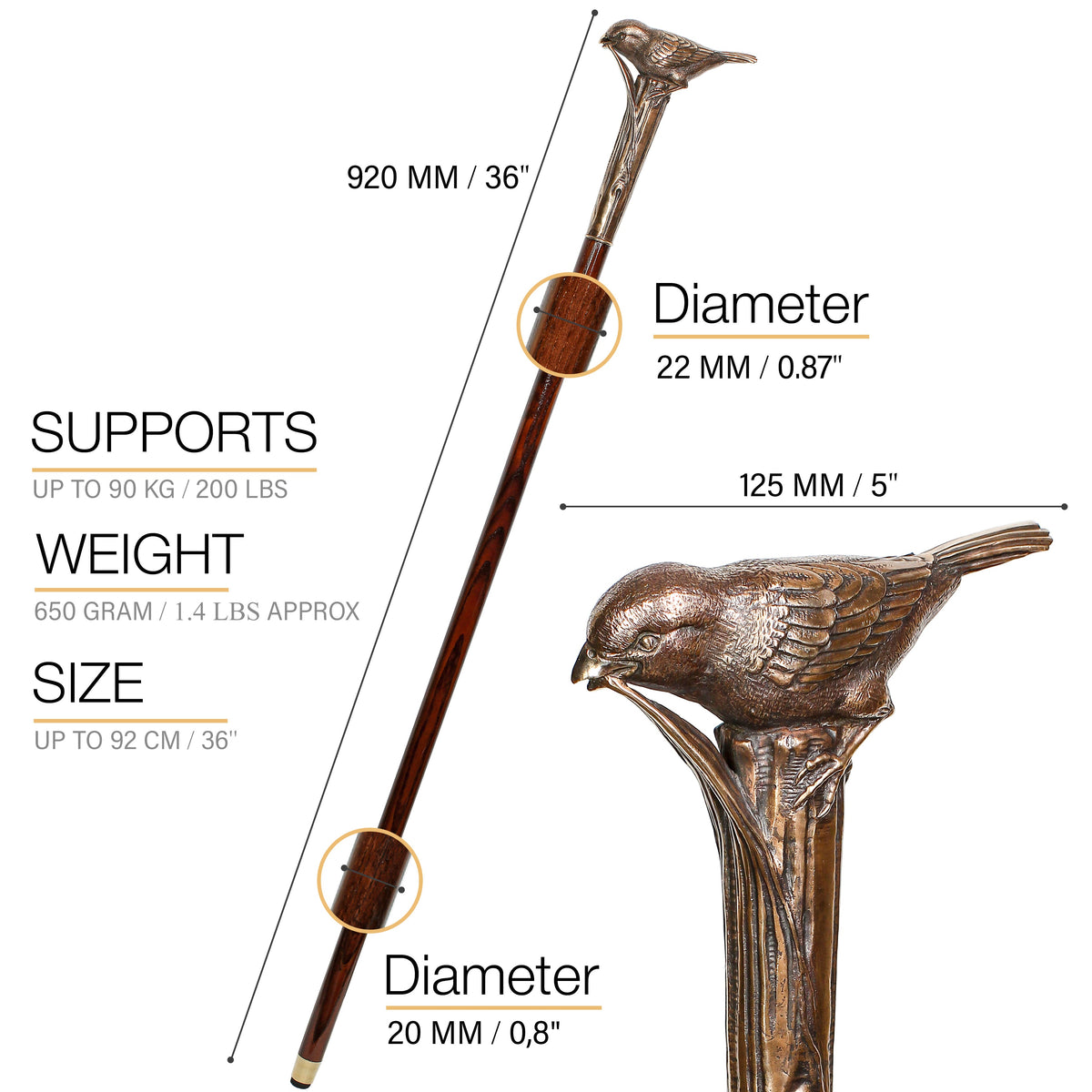 Sparrow Bird: Casted Bronze Artisan Intricate Walking Cane Hand Carved Artisan - Tophatter Daily Deals