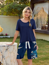 Short Sleeve Top and Printed Shorts Lounge Set Cobalt Blue Loungewear Sets - Tophatter Daily Deals