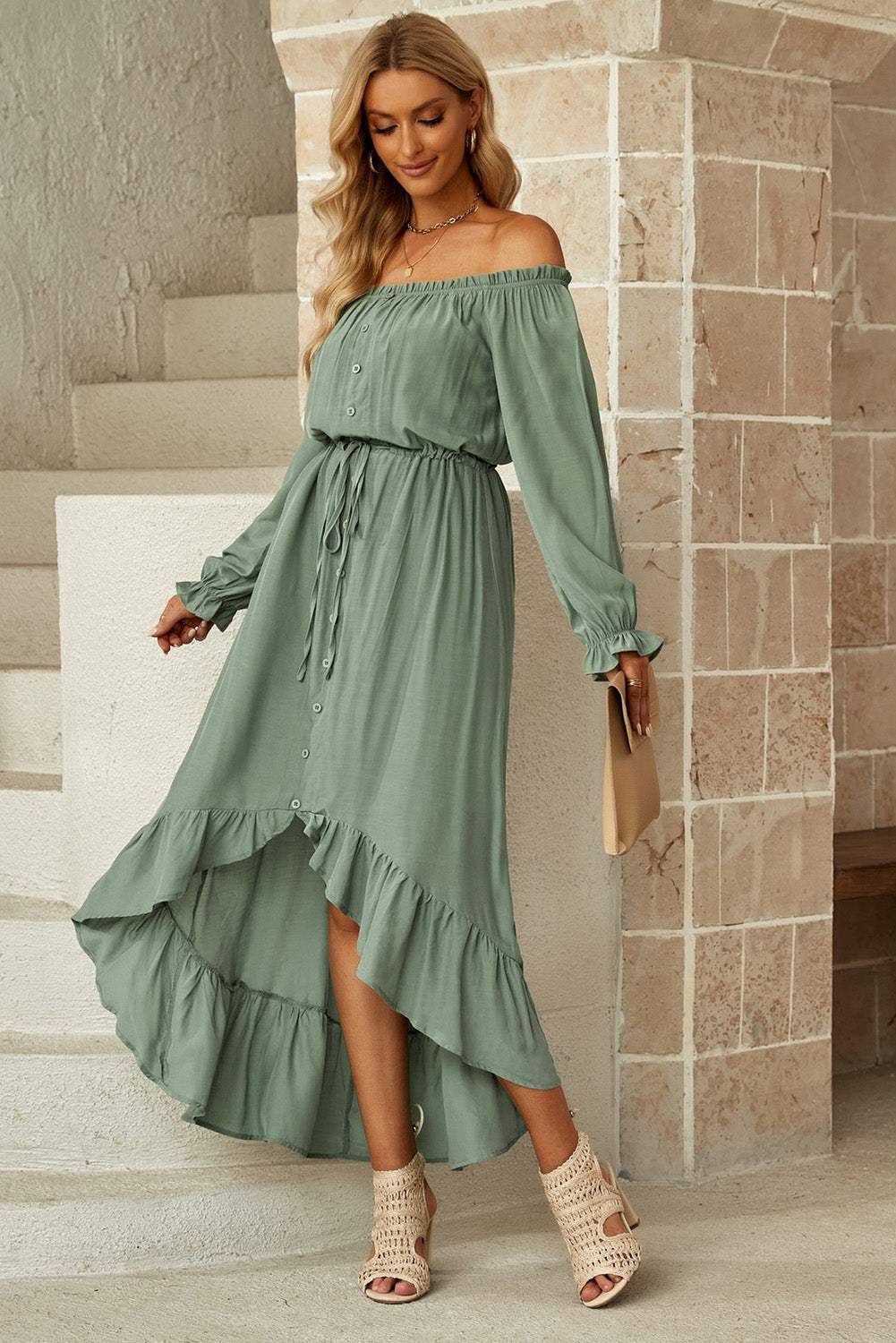 Drawstring Off-Shoulder Flounce Sleeve Dress Sage Casual Dresses - Tophatter Daily Deals