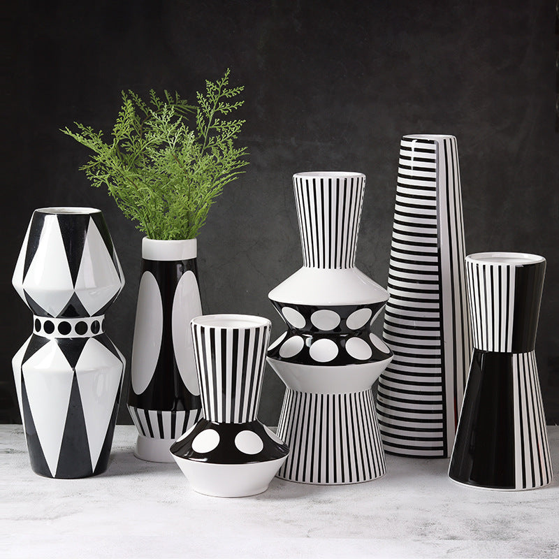 Black And White Striped Geometric Ceramic Vase Flower Ornaments 0 - Tophatter Daily Deals