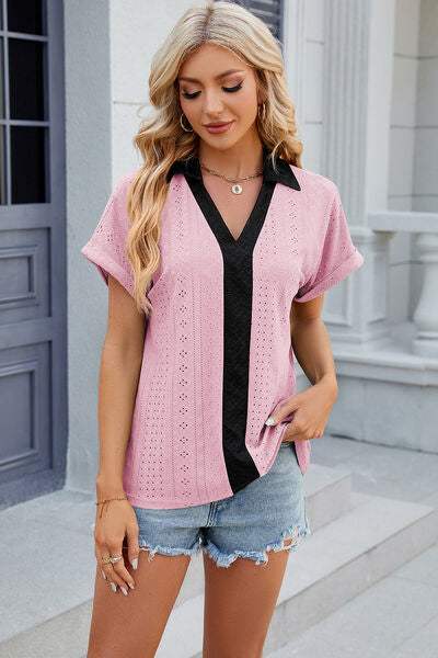 Eyelet Johnny Collar Short Sleeve T-Shirt Blush Pink Women's T-Shirts - Tophatter Daily Deals