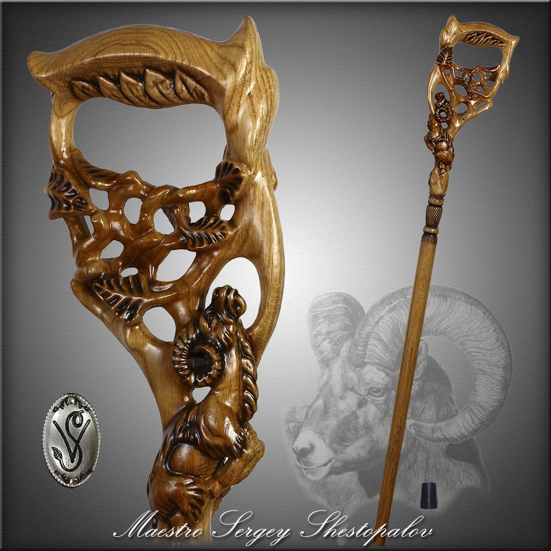 Ram & Tree Scene: Intricately Hand-Carved Artisan Cane Hand Carved Artisan - Tophatter Daily Deals