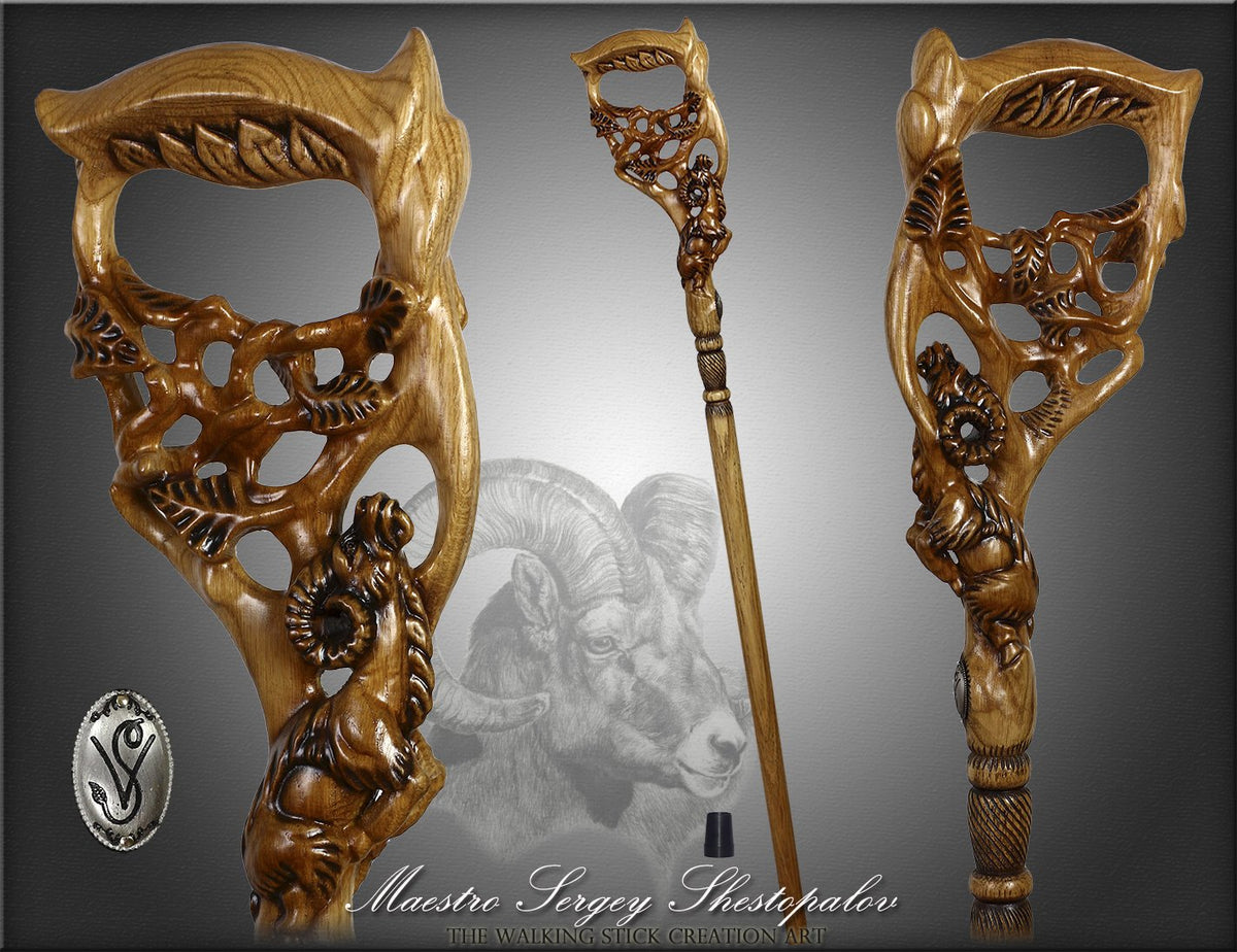 Ram & Tree Scene: Intricately Hand-Carved Artisan Cane Hand Carved Artisan - Tophatter Daily Deals