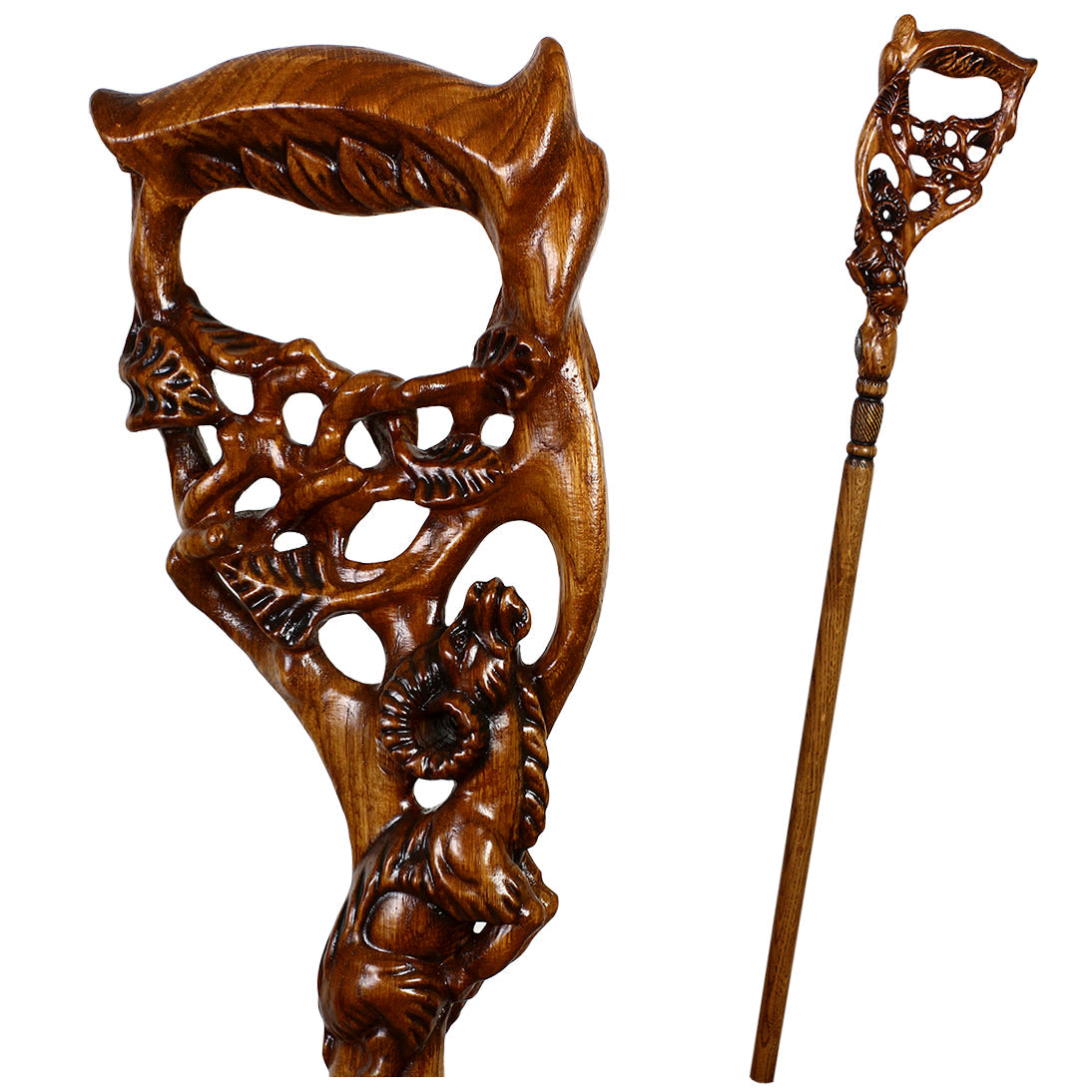 Ram & Tree Scene: Intricately Hand-Carved Artisan Cane Dark Wood Hand Carved Artisan - Tophatter Daily Deals