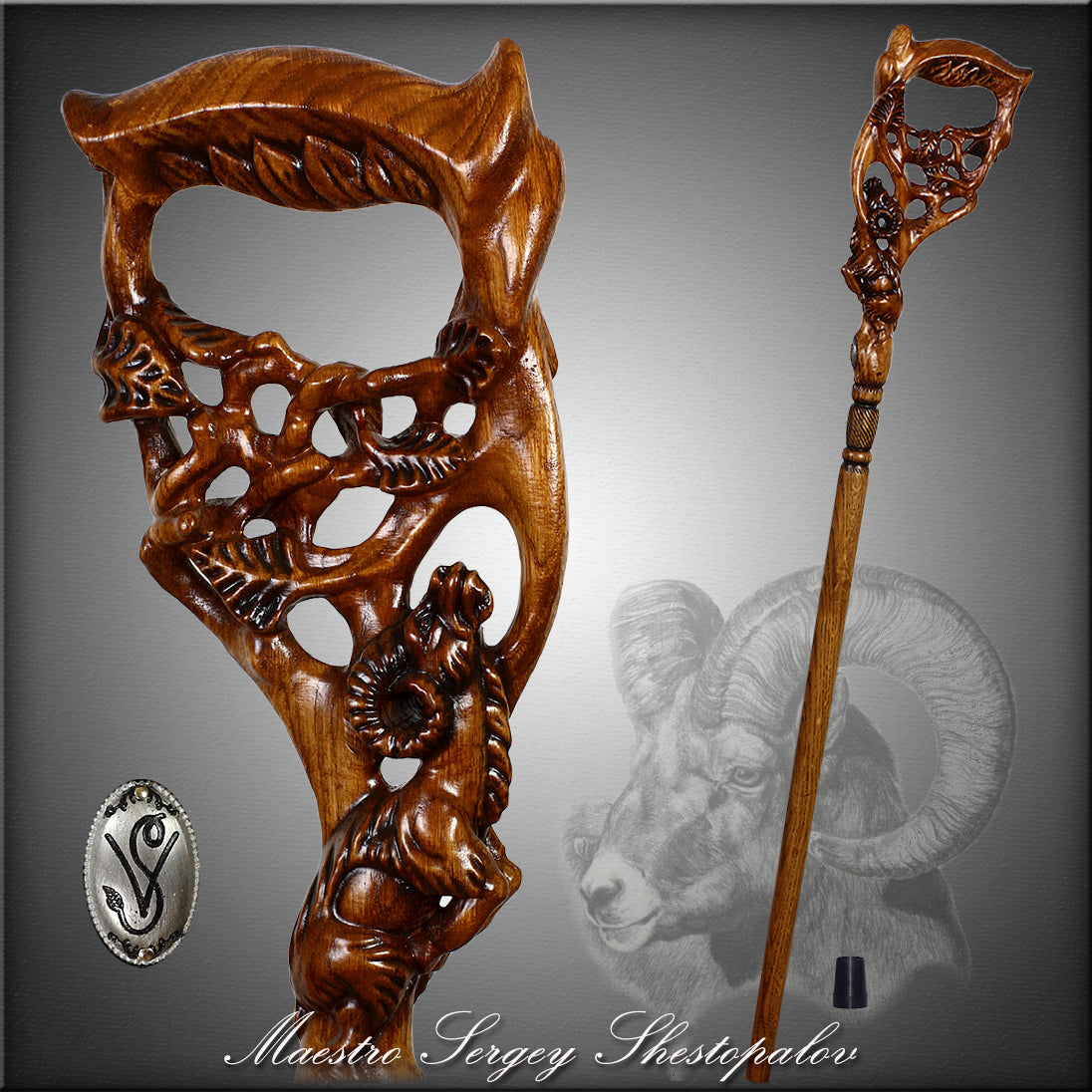Ram & Tree Scene: Intricately Hand-Carved Artisan Cane Hand Carved Artisan - Tophatter Daily Deals
