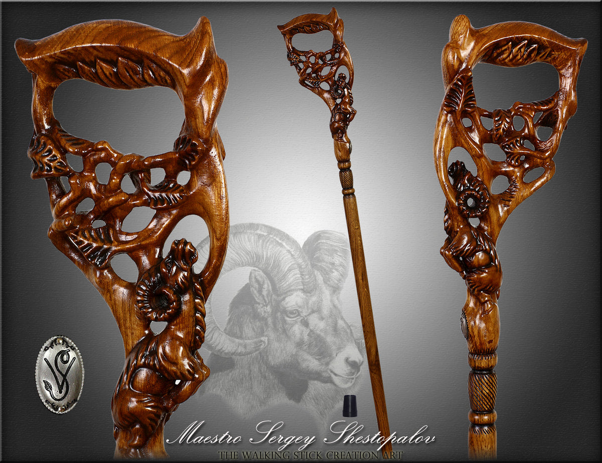 Ram & Tree Scene: Intricately Hand-Carved Artisan Cane Hand Carved Artisan - Tophatter Daily Deals