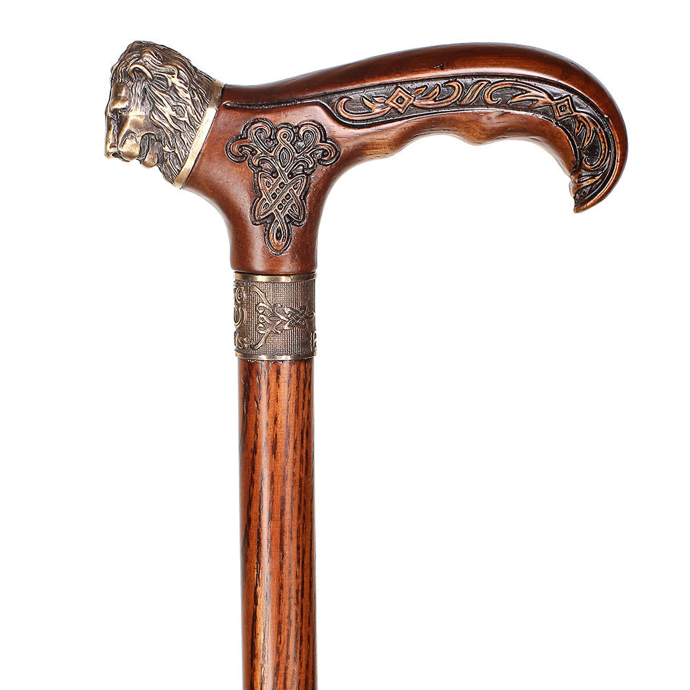 Lion Head Bronze & Wood Cane - Handcarved Artisan Craft Hand Carved Artisan - Tophatter Daily Deals