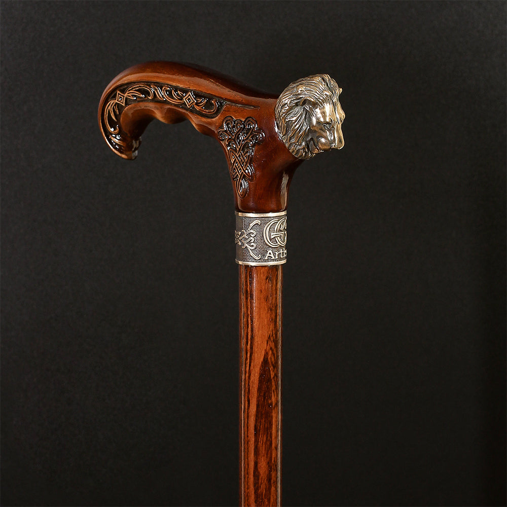 Lion Head Bronze & Wood Cane - Handcarved Artisan Craft Hand Carved Artisan - Tophatter Daily Deals