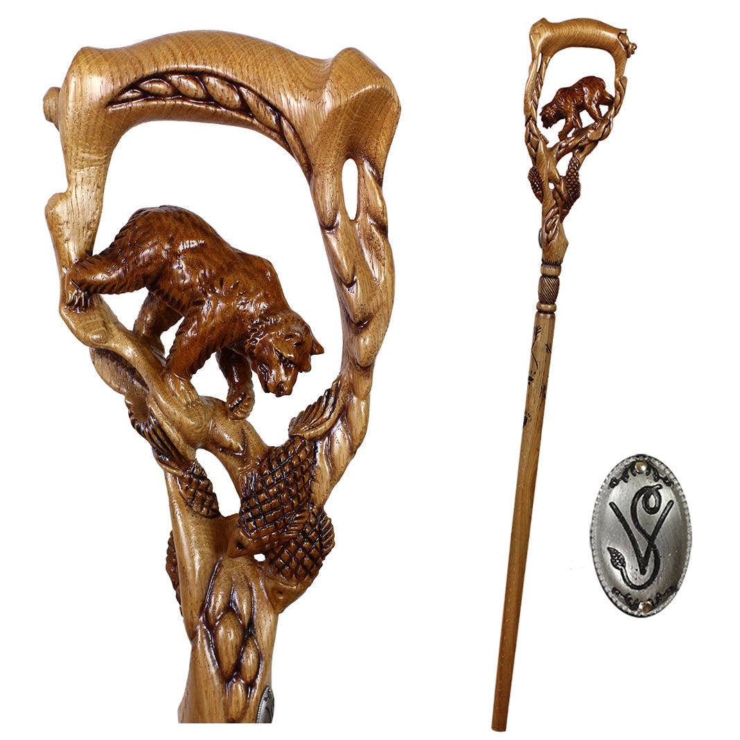 Artisan Grizzly & Salmon Hand-Carved Cane - Intricate Hand Carved Artisan - Tophatter Daily Deals