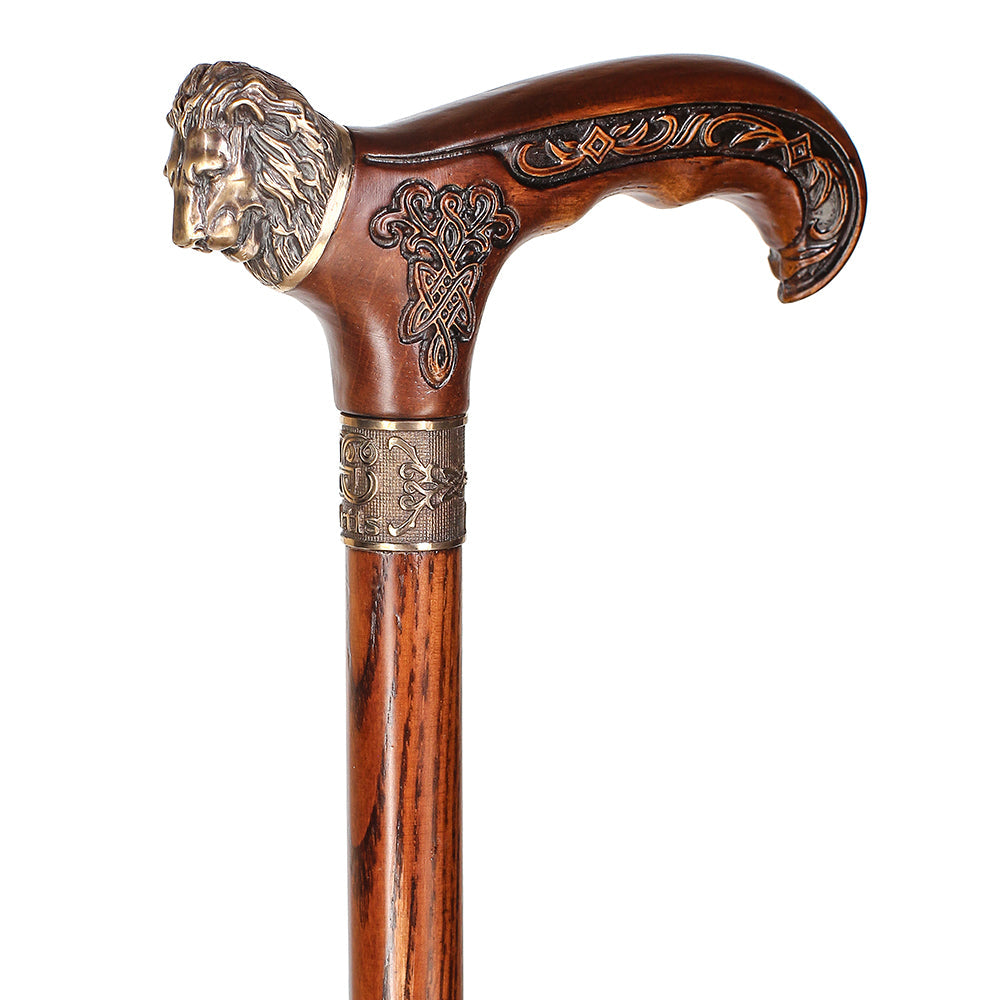 Lion Head Bronze & Wood Cane - Handcarved Artisan Craft Hand Carved Artisan - Tophatter Daily Deals