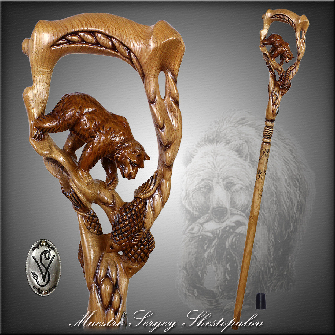 Artisan Grizzly & Salmon Hand-Carved Cane - Intricate Hand Carved Artisan - Tophatter Daily Deals