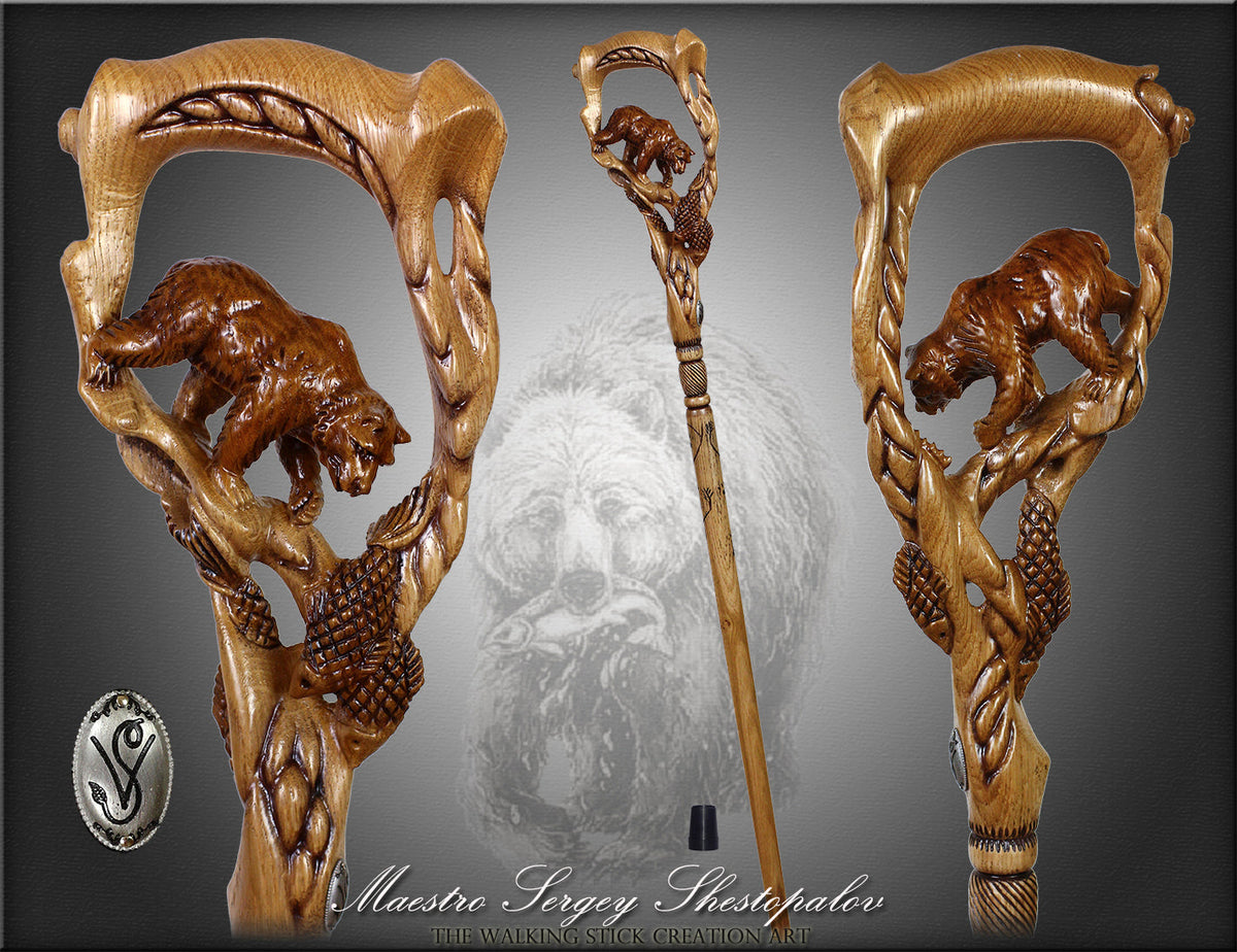 Artisan Grizzly & Salmon Hand-Carved Cane - Intricate Hand Carved Artisan - Tophatter Daily Deals