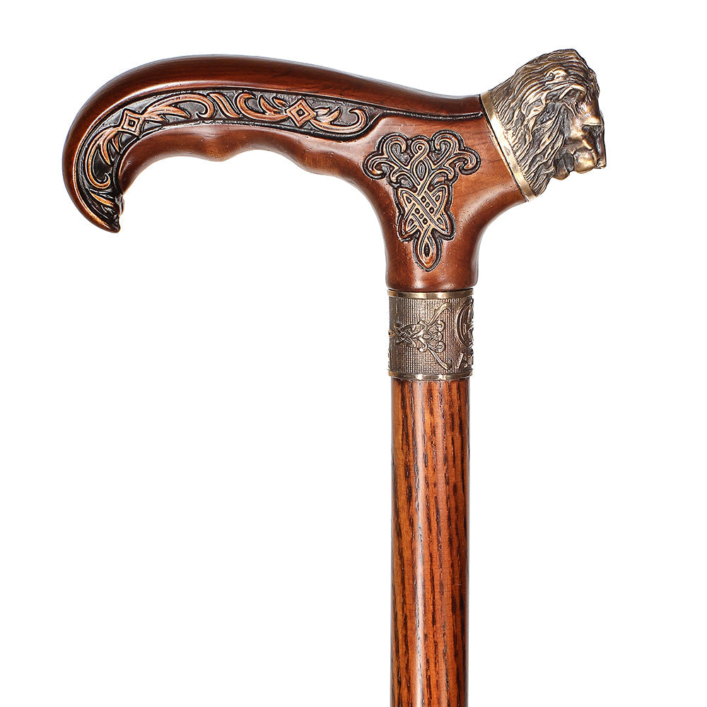 Lion Head Bronze & Wood Cane - Handcarved Artisan Craft Hand Carved Artisan - Tophatter Daily Deals