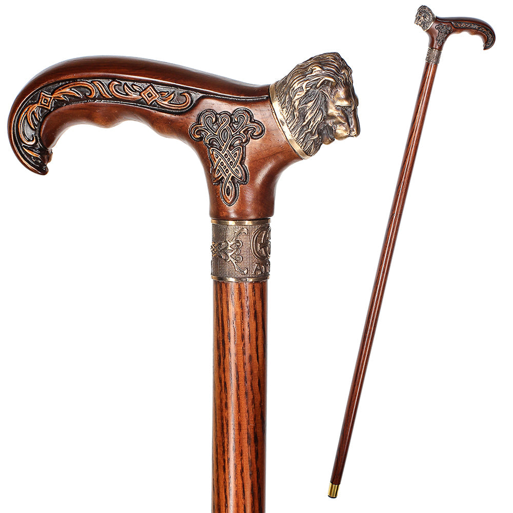 Lion Head Bronze & Wood Cane - Handcarved Artisan Craft Hand Carved Artisan - Tophatter Daily Deals