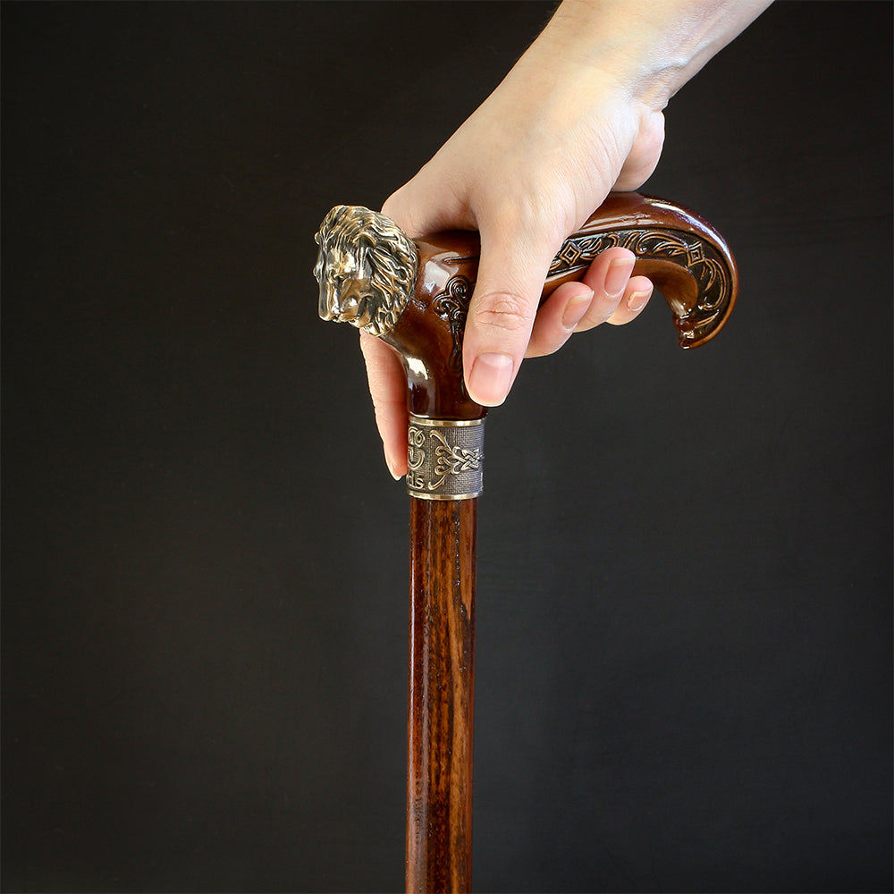 Lion Head Bronze & Wood Cane - Handcarved Artisan Craft Hand Carved Artisan - Tophatter Daily Deals