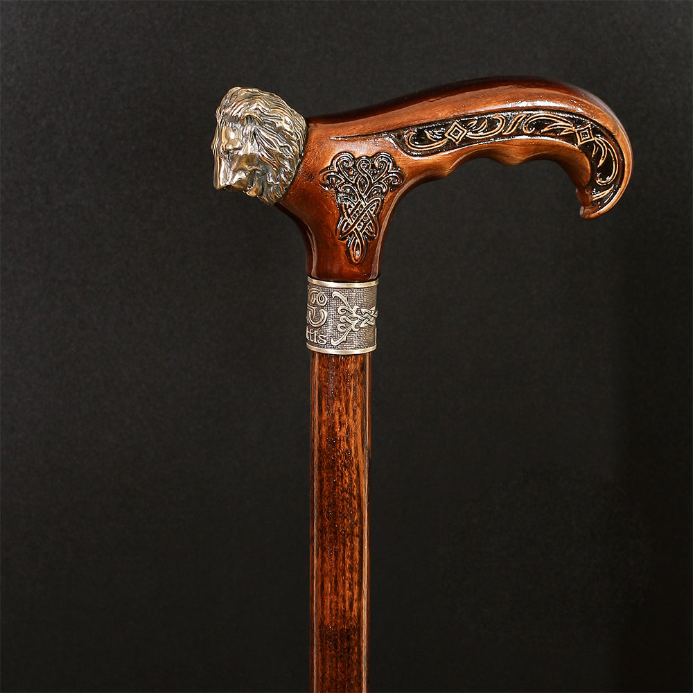 Lion Head Bronze & Wood Cane - Handcarved Artisan Craft Hand Carved Artisan - Tophatter Daily Deals