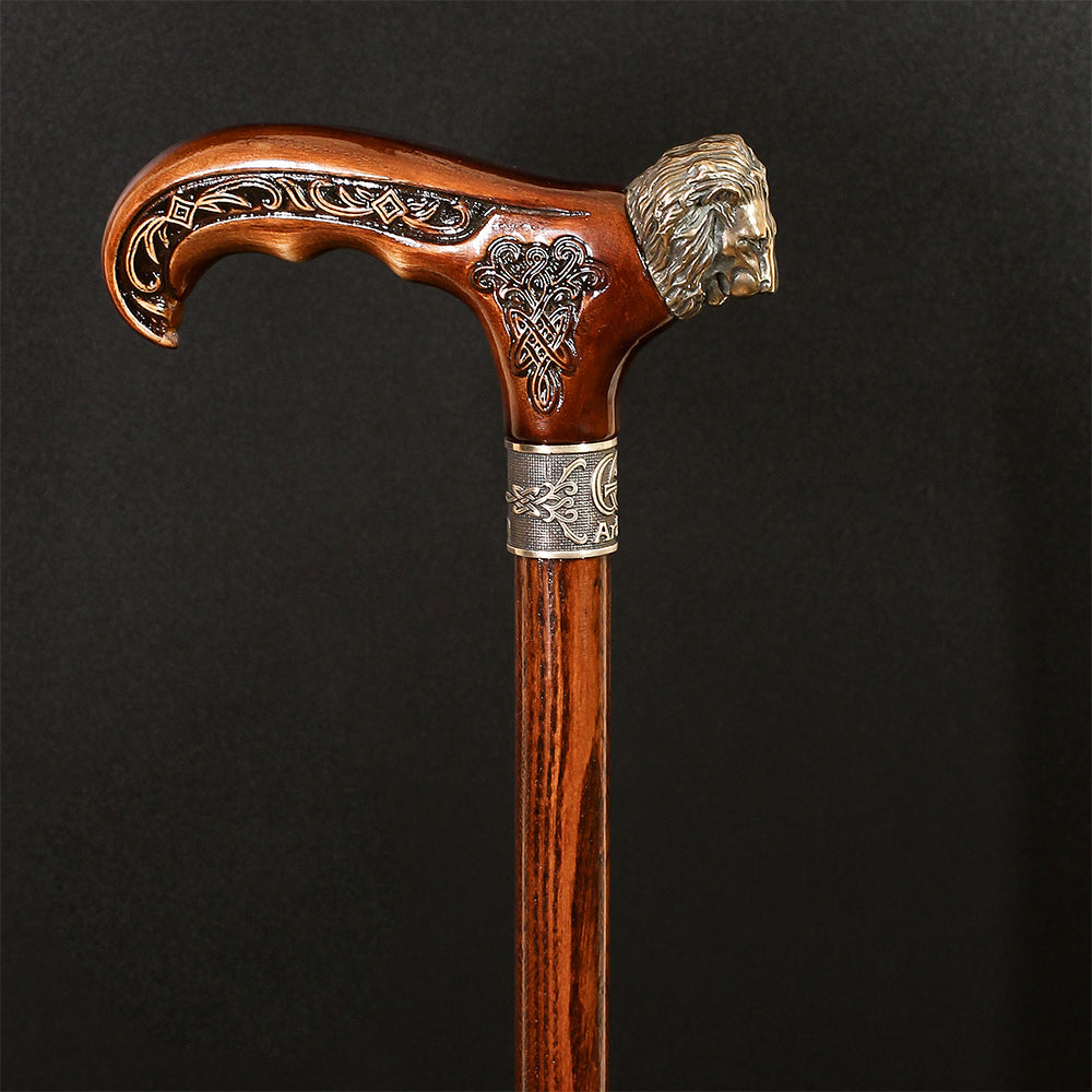 Lion Head Bronze & Wood Cane - Handcarved Artisan Craft Hand Carved Artisan - Tophatter Daily Deals