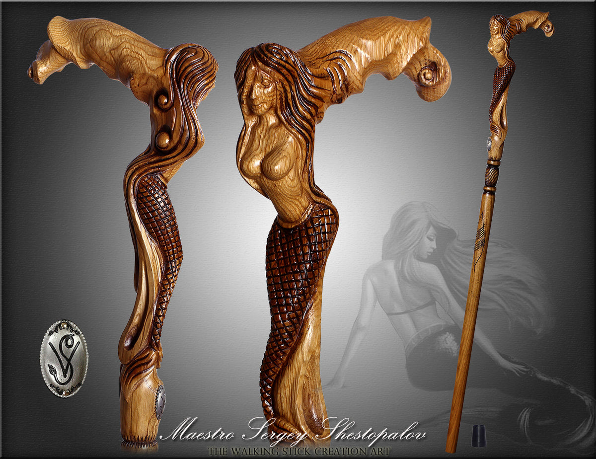 Crying Mermaid Artisan Intricate Hand-Carved Walking Cane Hand Carved Artisan - Tophatter Daily Deals