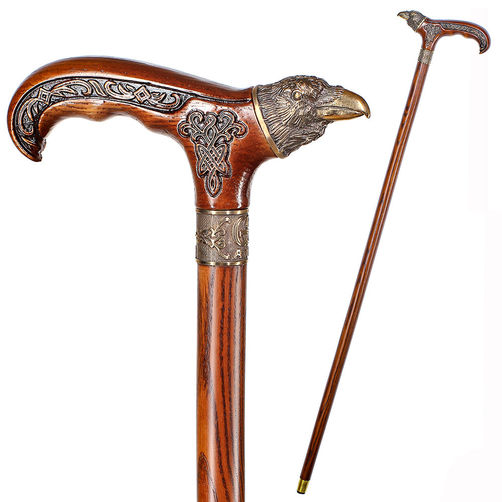 Raven Head Bronze & Wood Artisan Intricate Detail Design Cane Hand Carved Artisan - Tophatter Daily Deals